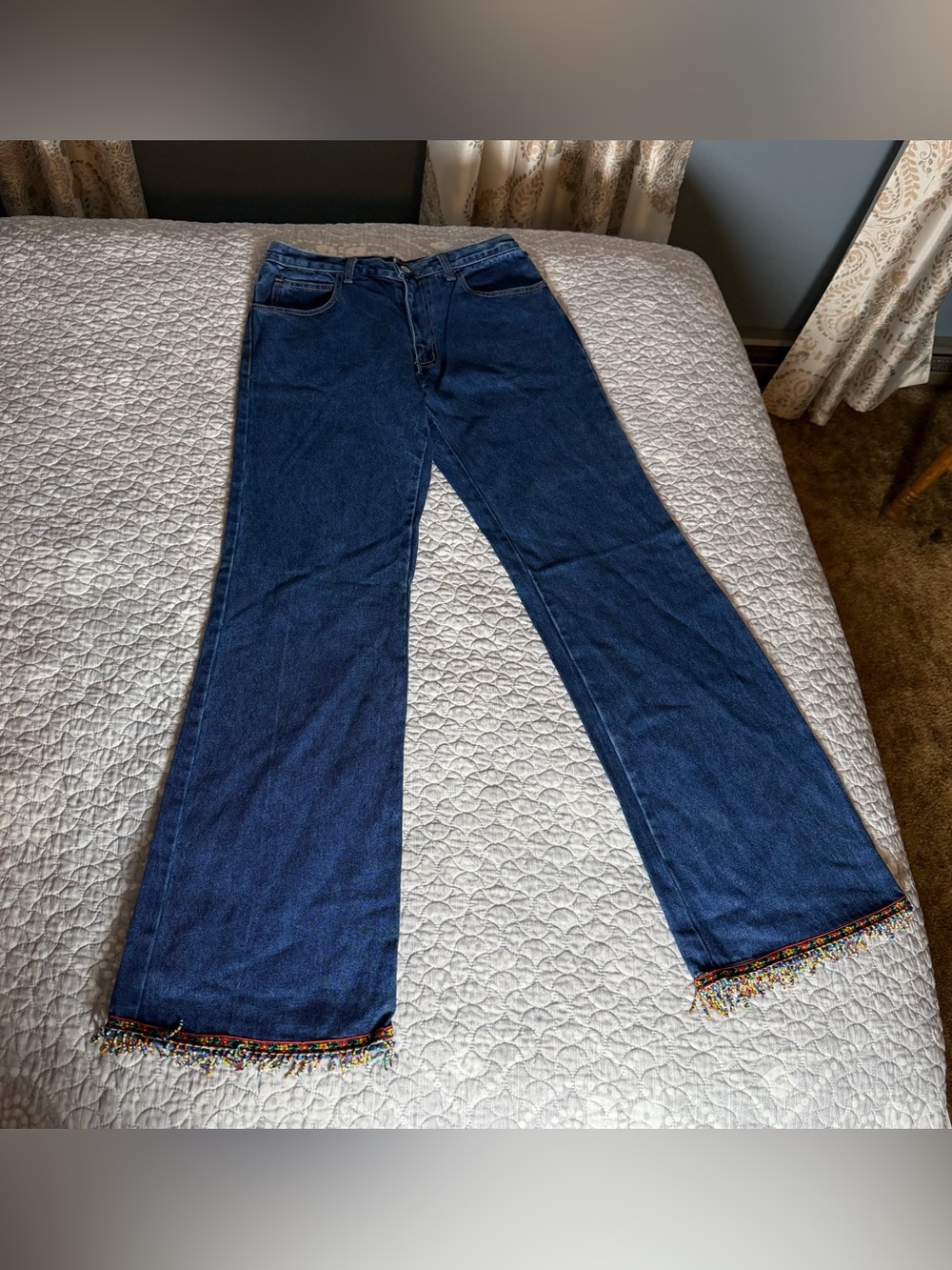 Boom Boom Jeans Y2K Women's Dark Blue Denim Flare with Beaded Hem. Size 7/8.